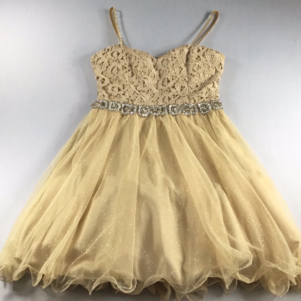 City Studio Fairy Babydoll Gold Party‎ Dress Junior 1 Lace Tulle Gemstones